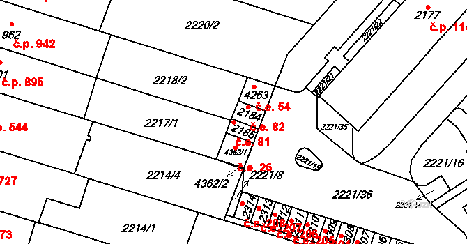 Kyjov 81 na parcele st. 2185 v KÚ Kyjov, Katastrální mapa