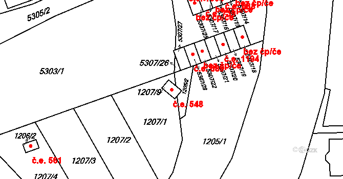 Líšeň 548, Brno na parcele st. 1207/9 v KÚ Líšeň, Katastrální mapa
