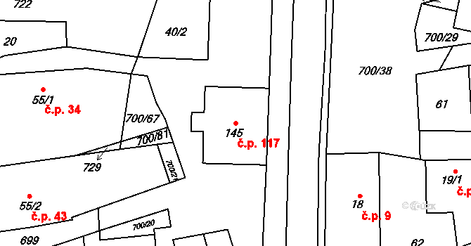 Jeníkov 117 na parcele st. 145 v KÚ Jeníkov u Hlinska, Katastrální mapa