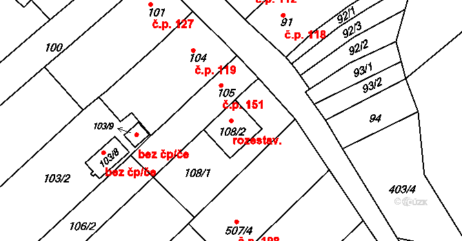 Královopolské Vážany 232, Rousínov na parcele st. 108/2 v KÚ Královopolské Vážany, Katastrální mapa