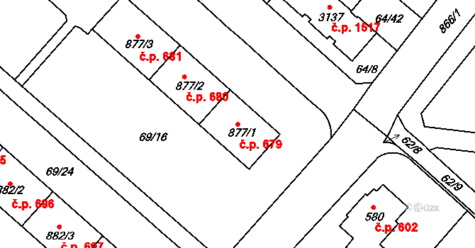 Neratovice 679 na parcele st. 877/1 v KÚ Neratovice, Katastrální mapa