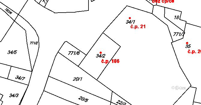 Semice 186, Písek na parcele st. 34/2 v KÚ Semice u Písku, Katastrální mapa