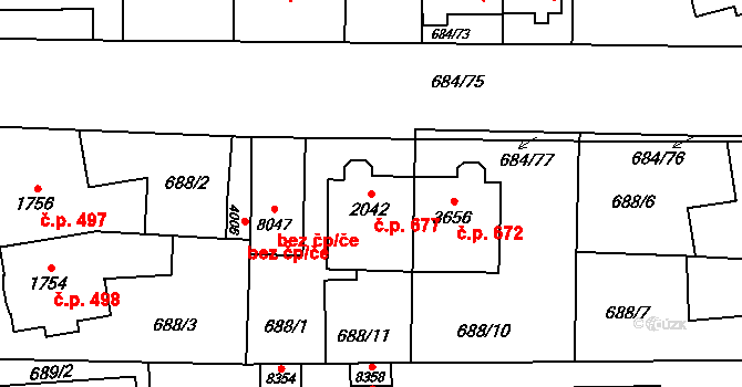 Bílé Předměstí 677, Pardubice na parcele st. 2042 v KÚ Pardubice, Katastrální mapa
