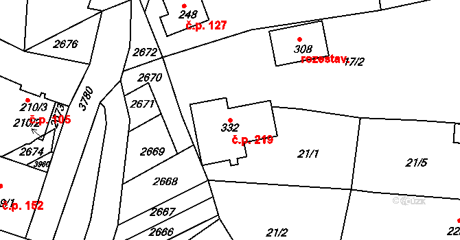Lubná 219 na parcele st. 332 v KÚ Lubná u Kroměříže, Katastrální mapa