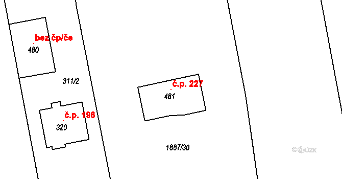 Smolnice 227 na parcele st. 481 v KÚ Smolnice u Loun, Katastrální mapa