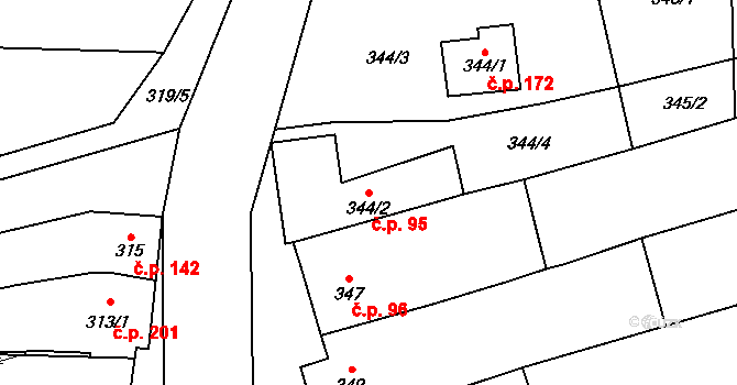 Cvrčovice 95 na parcele st. 344/2 v KÚ Cvrčovice u Pohořelic, Katastrální mapa