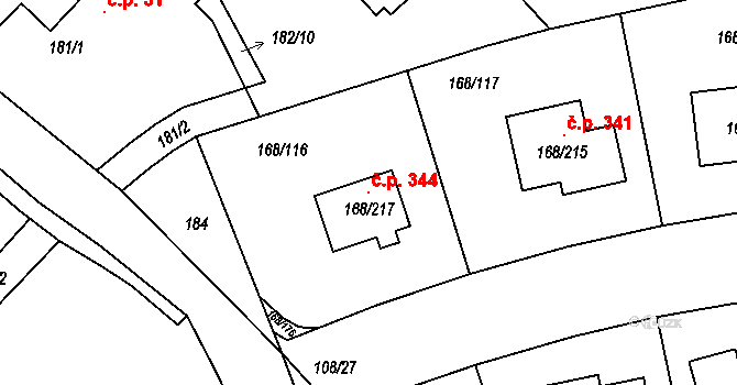Pitkovice 344, Praha na parcele st. 168/217 v KÚ Pitkovice, Katastrální mapa
