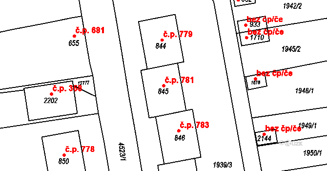 Hrušovany nad Jevišovkou 781 na parcele st. 845 v KÚ Hrušovany nad Jevišovkou, Katastrální mapa