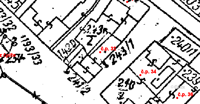 Prosiměřice 32 na parcele st. 243/1 v KÚ Prosiměřice, Katastrální mapa