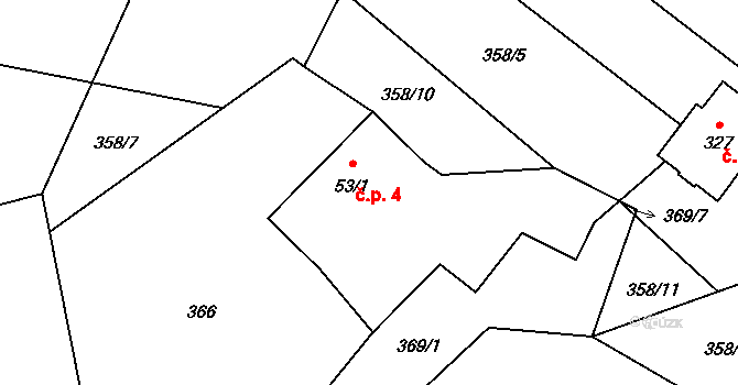 Karpentná 4, Třinec na parcele st. 53/1 v KÚ Karpentná, Katastrální mapa