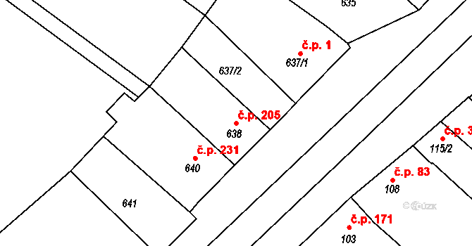 Milokošť 205, Veselí nad Moravou na parcele st. 638 v KÚ Milokošť, Katastrální mapa