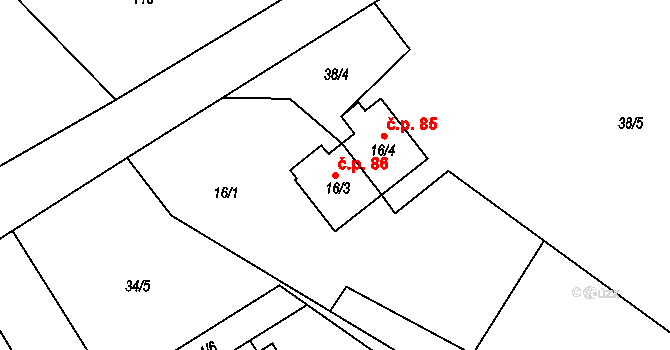 Milotice nad Opavou 86 na parcele st. 16/3 v KÚ Jelení u Bruntálu, Katastrální mapa