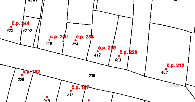 Kněževes 219 na parcele st. 412 v KÚ Kněževes u Rakovníka, Katastrální mapa