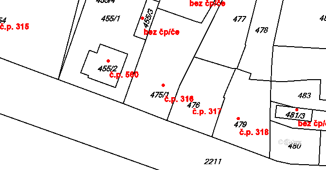 Březnice 316 na parcele st. 475/1 v KÚ Březnice, Katastrální mapa