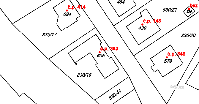 Dlouhá Třebová 363 na parcele st. 605 v KÚ Dlouhá Třebová, Katastrální mapa