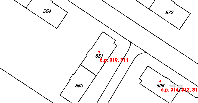 Milovice 310,311 na parcele st. 551 v KÚ Milovice nad Labem, Katastrální mapa