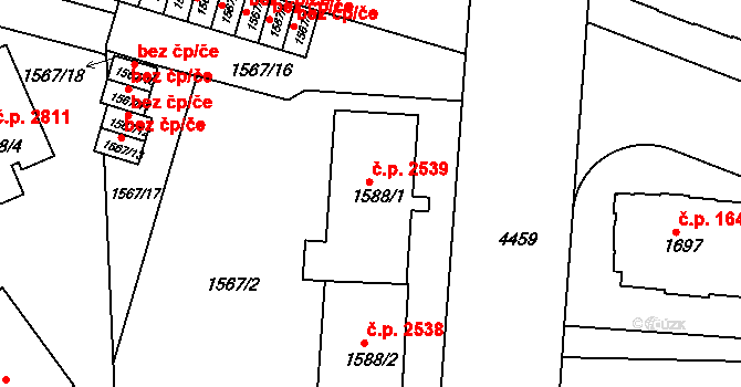 Teplice 2539 na parcele st. 1588/1 v KÚ Teplice, Katastrální mapa