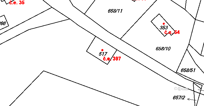 Dřenice 397, Cheb na parcele st. 517 v KÚ Dřenice u Chebu, Katastrální mapa