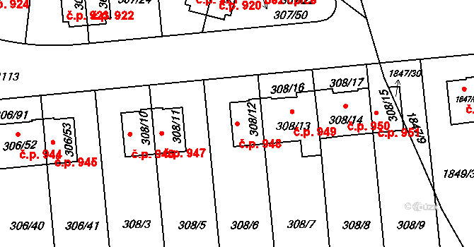 Braník 948, Praha na parcele st. 308/12 v KÚ Braník, Katastrální mapa