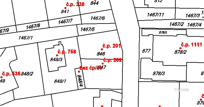 Dolní Chabry 201, Praha na parcele st. 846 v KÚ Dolní Chabry, Katastrální mapa