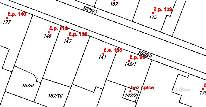 Bečváry 105 na parcele st. 141 v KÚ Bečváry, Katastrální mapa