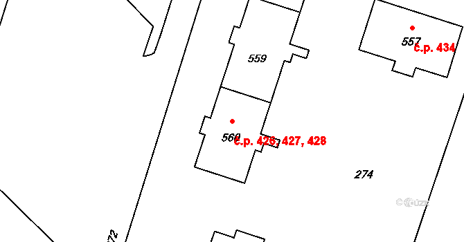 Lazce 426,427,428, Olomouc na parcele st. 558 v KÚ Lazce, Katastrální mapa