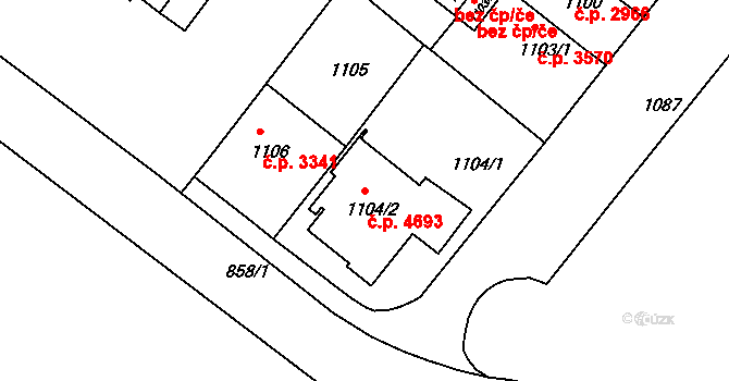 Chomutov 4693 na parcele st. 1104/2 v KÚ Chomutov II, Katastrální mapa