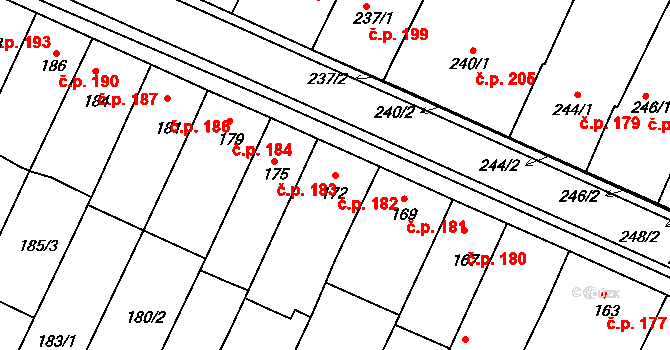 Prace 182 na parcele st. 172 v KÚ Prace, Katastrální mapa