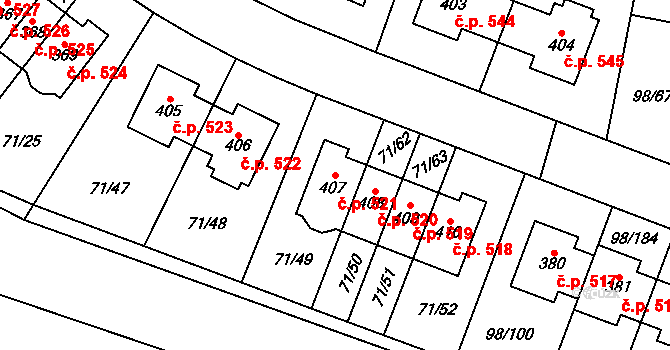 Bašť 521 na parcele st. 407 v KÚ Bašť, Katastrální mapa