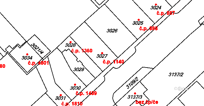 Chomutov 1140 na parcele st. 3027 v KÚ Chomutov I, Katastrální mapa