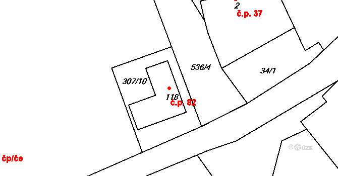 Luhy 82, Dolní Hbity na parcele st. 118 v KÚ Luhy, Katastrální mapa