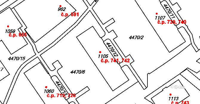 Valašské Klobouky 741,742 na parcele st. 1105 v KÚ Valašské Klobouky, Katastrální mapa