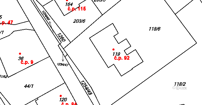 Podkopná Lhota 92 na parcele st. 119 v KÚ Podkopná Lhota, Katastrální mapa