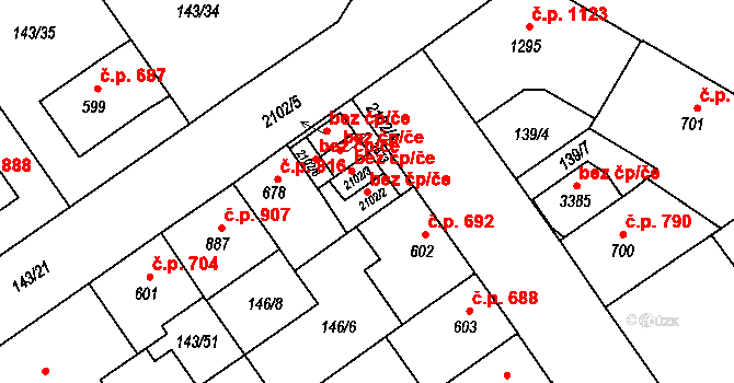 Ostrava 43900216 na parcele st. 2102/2 v KÚ Mariánské Hory, Katastrální mapa