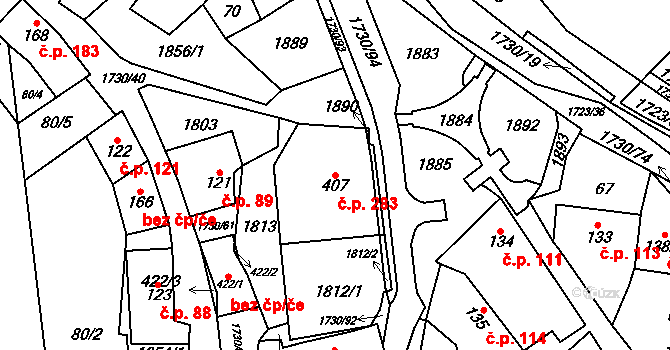 Bukovany 283 na parcele st. 407 v KÚ Bukovany u Kyjova, Katastrální mapa