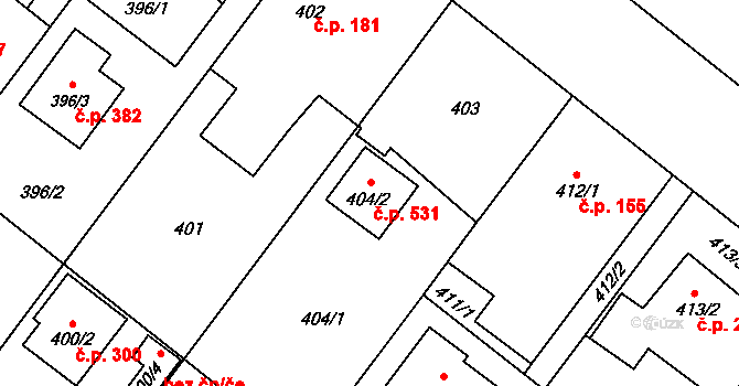 Kozmice 531 na parcele st. 404/2 v KÚ Kozmice, Katastrální mapa