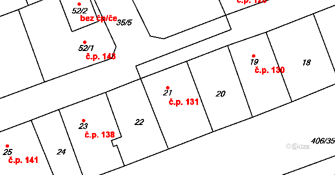 Česká Bříza 131 na parcele st. 21 v KÚ Česká Bříza, Katastrální mapa
