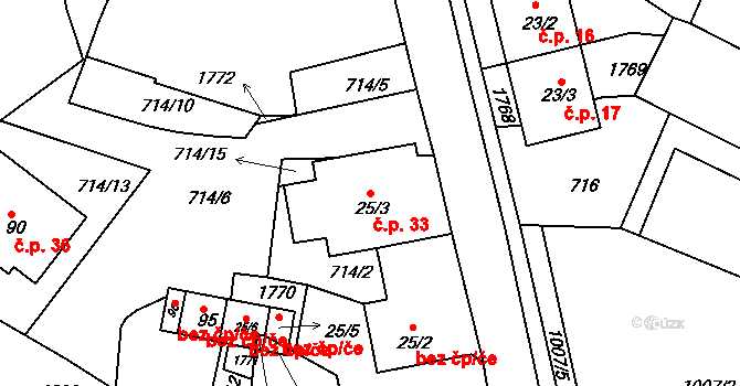 Mezholezy 33 na parcele st. 25/3 v KÚ Mezholezy u Horšovského Týna, Katastrální mapa
