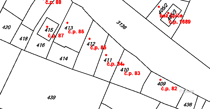 Čelákovice 84 na parcele st. 411 v KÚ Čelákovice, Katastrální mapa