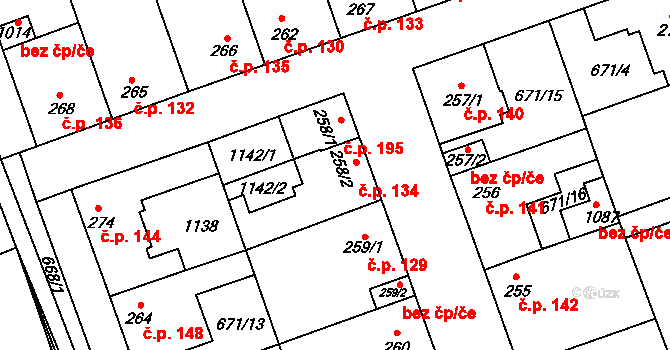 Olšany 134, Brandýsek na parcele st. 258/2 v KÚ Brandýsek, Katastrální mapa