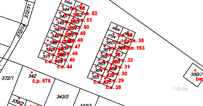 Lužice 40 na parcele st. 362 v KÚ Lužice u Hodonína, Katastrální mapa