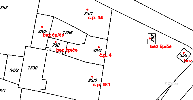 Cerhenice 4 na parcele st. 83/4 v KÚ Cerhenice, Katastrální mapa