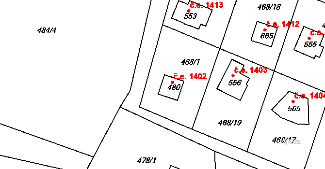 Ládví 1402, Kamenice na parcele st. 480 v KÚ Ládví, Katastrální mapa