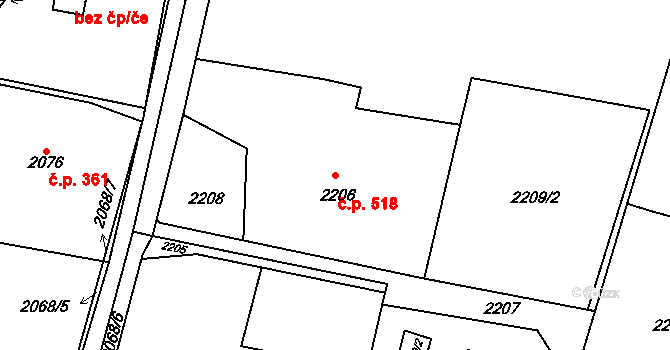 Poruba 518, Orlová na parcele st. 2206/1 v KÚ Poruba u Orlové, Katastrální mapa