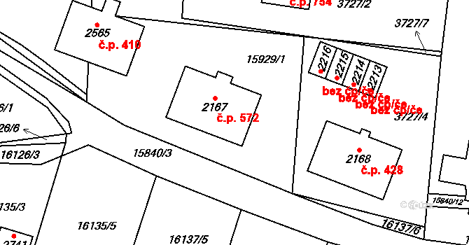 Hovězí 572 na parcele st. 2167 v KÚ Hovězí, Katastrální mapa