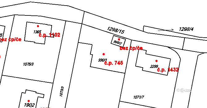 Rožnov pod Radhoštěm 745 na parcele st. 990/1 v KÚ Rožnov pod Radhoštěm, Katastrální mapa