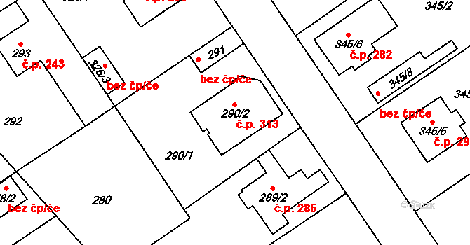Třebestovice 313 na parcele st. 290/2 v KÚ Třebestovice, Katastrální mapa