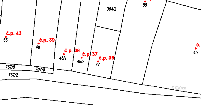 Mužetice 36, Sedlice na parcele st. 47 v KÚ Mužetice, Katastrální mapa