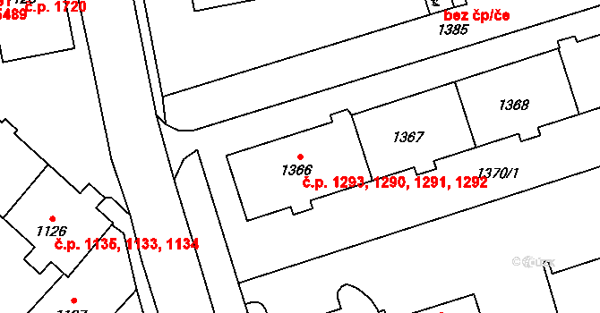Kadaň 1290,1291,1292,1293 na parcele st. 1366 v KÚ Kadaň, Katastrální mapa