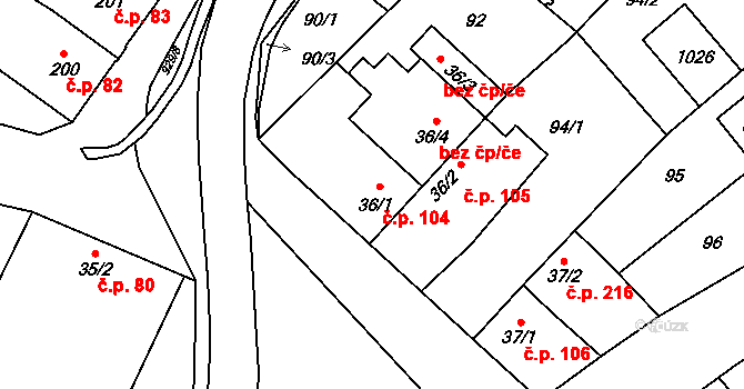 Hrotovice 104 na parcele st. 36/1 v KÚ Hrotovice, Katastrální mapa